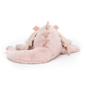 Adorable Jellycat Rose Dragon with sparkling rose-gold wings, ears, and spines and a long tail.