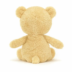 The back of the Jelycat Rumblikin Bear, showcasing its soft, textured fur and a small tag with the Jelycat logo.