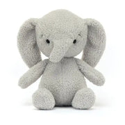 Front view of Jellycat Rumblikin Elly plush toy with soft grey fur and a wrinkled trunk.
