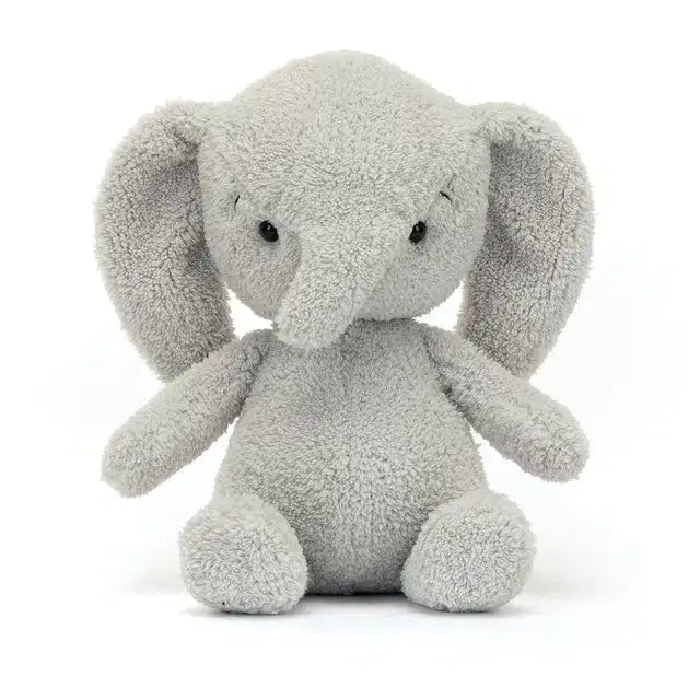 Front view of Jellycat Rumblikin Elly plush toy with soft grey fur and a wrinkled trunk.