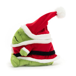 Side view of Jellycat Santa Ricky Rain Frog showcasing its soft green fur and festive details.