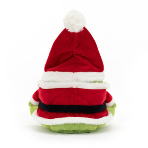 Back view of Jellycat Santa Ricky Rain Frog highlighting its smooth plush texture and Santa hat.