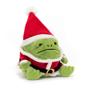 Front view of Jellycat Santa Ricky Rain Frog plush toy wearing a bright red Santa hat and smiling.