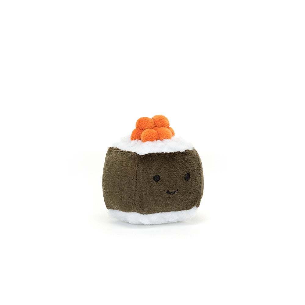 Jellycat Sassy Sushi Hosomaki plush, slightly angled, showing its fluffy white rice, green nori wrap, and orange roe.