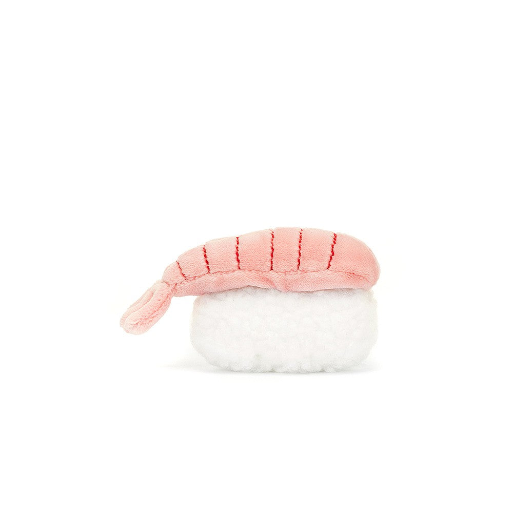 Back view: Sushi with a hat? Yes, please! This cuddly Jellycat plush, Sassy Sushi Nigiri, features soft rice and a whimsical pink shrimp hat with a stitched tail.