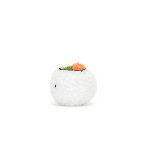 Side view: Pocket-sized sushi fun! This cuddly Jellycat Sassy Sushi Uramaki, features soft rice, nori seaweed, and a trio of fuzzy veggie fillings.
