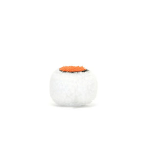 Back view:  Don't miss the details! Sassy Sushi Uramaki by Jellycat is a tiny sushi roll with a big personality, featuring soft rice, nori, and a peek of its fuzzy veggies