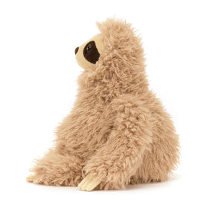 Side View: Promote relaxation with Jellycat Selma Sloth! (22 cm tall).  This cuddly sloth plush boasts calming features and super soft fur, perfect for bedtime snuggles or a stress-relieving desk buddy.