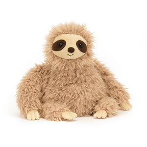 Angled View: De-stress with Selma Sloth! (22 cm x 13 cm) - A super soft sloth plush with banoffee fur, long silky arms, and calming vibes. Perfect for relaxation and cuddles!