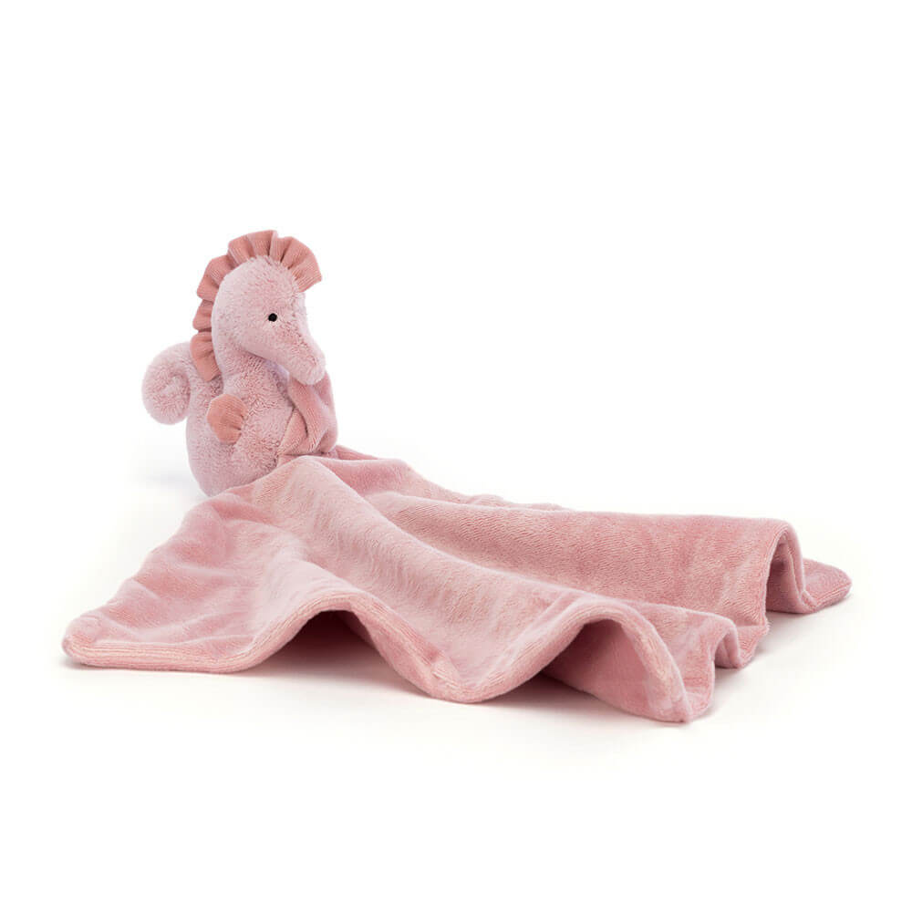 Angle view of Jellycat Sienna Seahorse Soother, highlighting its comforting, velvety texture and gentle design.
