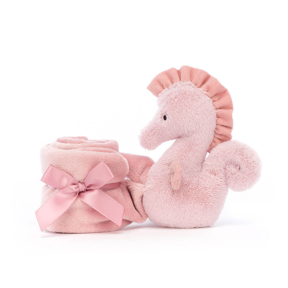 Front view of Jellycat Sienna Seahorse Soother, showcasing its soft pink and cream fabric and sweet face.