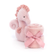 Front view of Jellycat Sienna Seahorse Soother, showcasing its soft pink and cream fabric and sweet face.