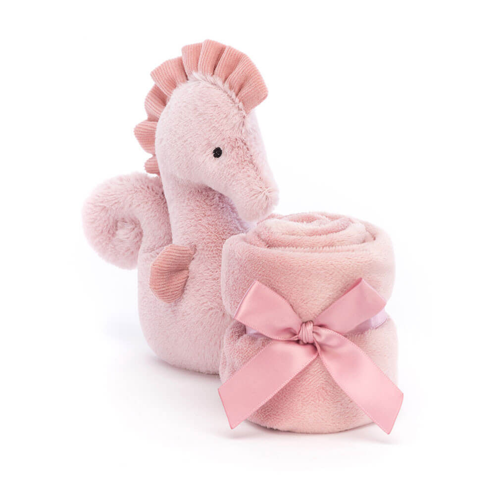 Front view of Jellycat Sienna Seahorse Soother, showcasing its soft pink and cream fabric and sweet face.