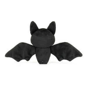 Cuddly Jellycat Skelebat Jim plush (back view) with slate fur & stiffened wings. 