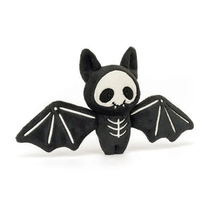 Angled: Jellycat Jim plush (angled view) with slate fur & stiffened wings with bone details.