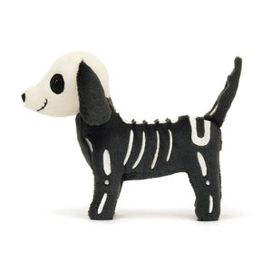 Side: Soft Jellycat Skeledog Dan plush (side view) with cream suedette & black nose.