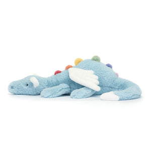 Side View: Side profile of the cuddly Jellycat Sky Dragon. Highlights the suitable size for cuddling (suitable from birth), the soft, plush texture with a hint of squish, and the captivating rainbow details that add a touch of magic! 