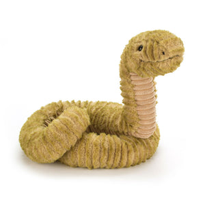 Angled View: Ready to ssssnuggle! The Jellycat Slither Snake leans in, showcasing its soft green plush with a charming wiggle. Textured ruffles and a biscuity tummy add a quirky touch. This playful pal loves cuddles!