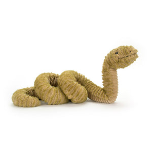 Back View: Backside of the Jellycat Slither Snake showcases the luxuriously soft green plush. This delightful snake adds a touch of whimsy to any playtime adventure, whether slithering or snuggled up tight!