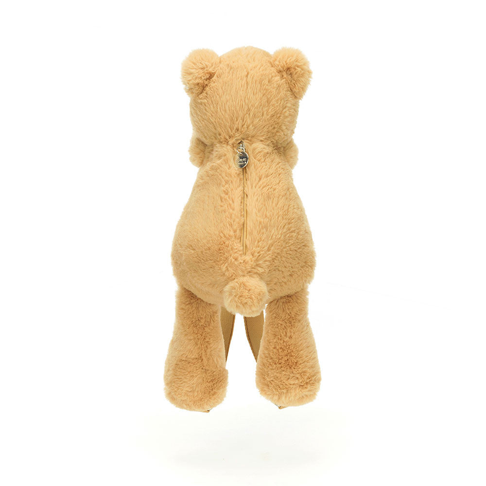Back view of Jellycat Smudge Bear Backpack with visible zip opening and Jellycat tag.