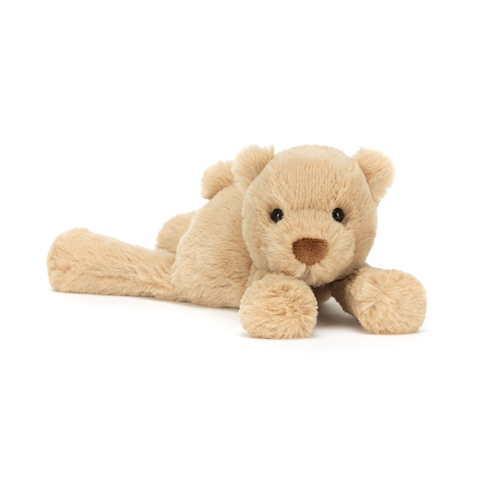 Front view of Jellycat Smudge Bear Tiny – a small, plush bear with soft beige fur and a brown nose.