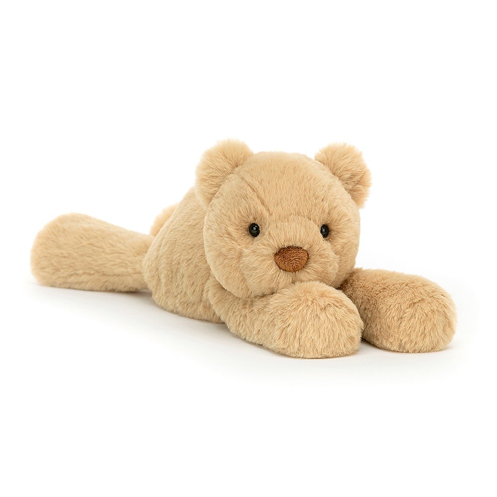 Angled view: Ready for cuddles! Jellycat Smudge Bear, boasts luxuriously soft fur in honey shades, big, huggable paws, and a gentle, calming face.