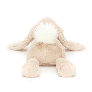 Back view of Jellycat Smudge Rabbit, featuring its fluffy tail and plush fabric.