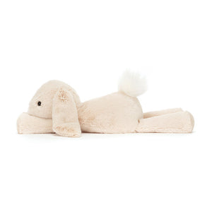 Side view of Jellycat Smudge Rabbit, showing its adorable profile and soft texture.