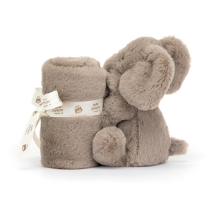 Luxuriously soft comfort! The Jellycat Smudge Elephant Soother, a side view of a plush elephant holding a soother.
