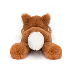  Back view of Jellycat Smudge Fox, showcasing its soft dark orange fur, playful "trumpet legs," and chunky cream-tipped tail.