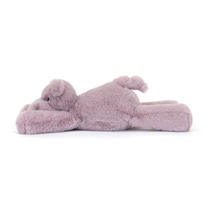  Side view of Jellycat Smudge Hippo, featuring its super soft lilac fur, long legs perfect for little arms to grab, and a delightfully squishy bottom with a tail.