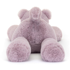  Back view of Jellycat Smudge Hippo, showcasing its soft lilac fur and curved tail.