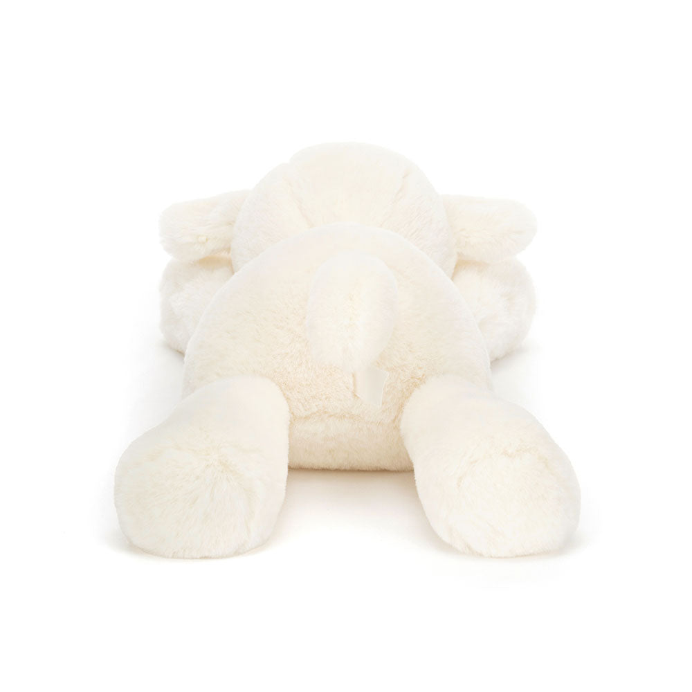 Back view of Jellycat Smudge Lamb, featuring its fluffy tail and soft texture.