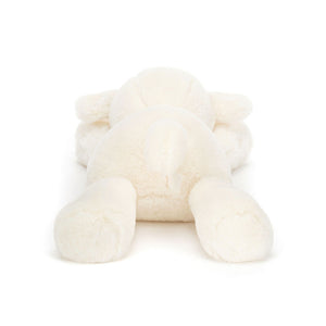 Back view of Jellycat Smudge Lamb, featuring its fluffy tail and soft texture.