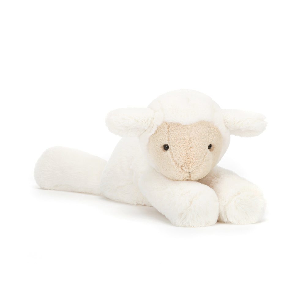 Angled view of Jellycat Smudge Lamb, highlighting its floppy ears and cuddly design.