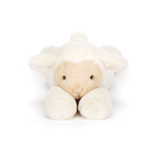 Front view of Jellycat Smudge Lamb, showcasing its soft cream and beige fur and sweet face.