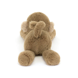 Back view of the Jellycat Smudge Monkey plush, highlighting its curly tail and soft fur.