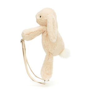 Side View:  Side profile of the Jellycat Smudge Rabbit Backpack. Highlights the comfortable size (43 cm tall) for little adventurers.