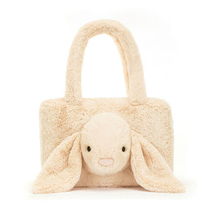 Straight On View: Front view of the charming Jellycat Smudge Rabbit Tote Bag. Features soft oatmeal fur, and a whimsical lop-eared bunny head detail