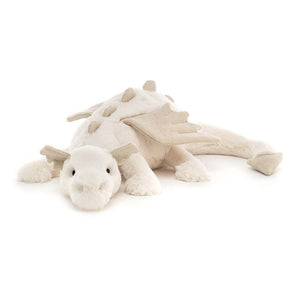 Front View: A soft, plush snow dragon toy with shimmering icy blue scales, a gentle expression, and a long tail.