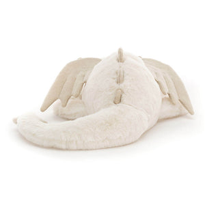 Back View: The back of a plush snow dragon toy, revealing its soft, textured fur and a small loop for hanging.