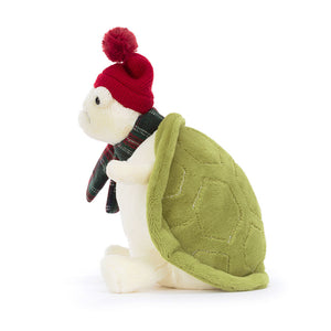 Side: Side view of Jellycat Snowman Timmy Turtle plush toy, highlighting his soft cream tummy and stitch-detail shell.