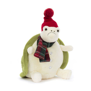 Product slightly to an angle: Jellycat Snowman Timmy Turtle plush toy in profile, showing his knitted hat, tartan scarf, and silver buttons.