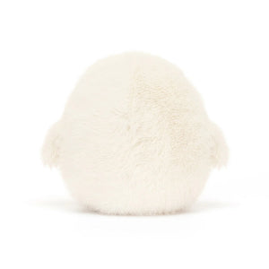 Back View: Jellycat Snowy Owling displayed from behind, showcasing the snowy white fur and tiny wings.