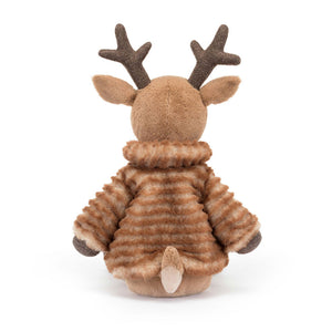  Cuddly Jellycat Sofia Reindeer plush (back view): Sophia is in a sitting position showing the back of her fur coat, sparkly antlers and tail.