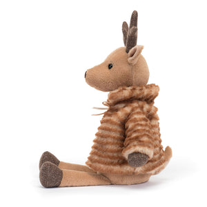  Soft Jellycat Sofia Reindeer plush (side view): Striped fur coat with ribbon, embroidered lashes & sparkly antlers. Sophia is in a sitting position.