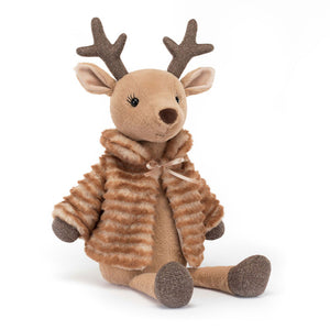 Jellycat Sofia Reindeer plush (angled view): Striped Coat with ribbon, embroidered lashes & sparkly antlers.