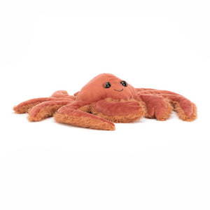 Front view of Jellycat Spindleshanks Crab plush toy with long spindly legs and a cheerful expression.