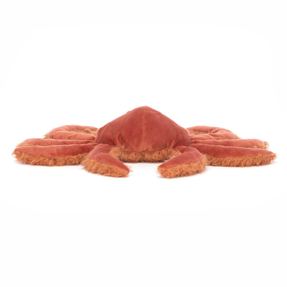 Side view of Jellycat Spindleshanks Crab showing its bright red shell and detailed legs.