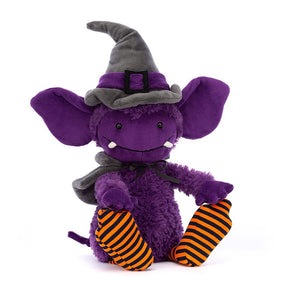 A hauntingly cute companion! The Jellycat Spooky Greta Gremlin (27cm x 10cm) features grape fur, suedette ears, a witchy outfit, and a springy tail.